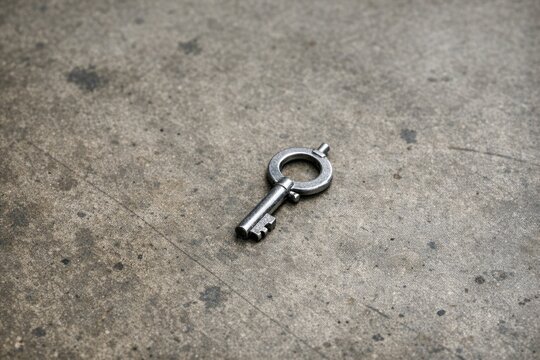 A single metal key lying on a concrete surface, potentially used for unlocking or finding a matching lock