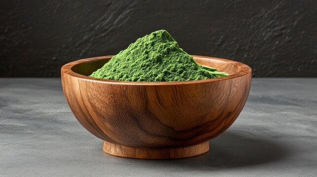 Green powder in wooden bowl
