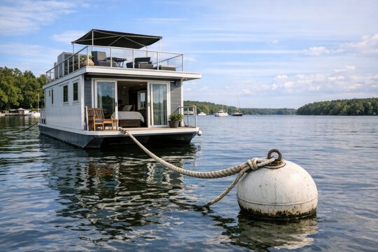 A houseboat floating on a calm lake or river, perfect for a relaxing getaway
