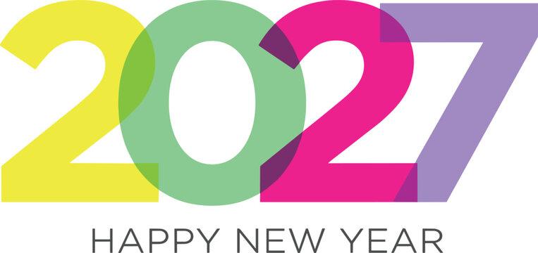 Happy New Year 2027 Typography Banner Design with Abstract Overlapping Transparent Colorful Geometric Block Numbers for Modern Festive Celebration Poster Templates