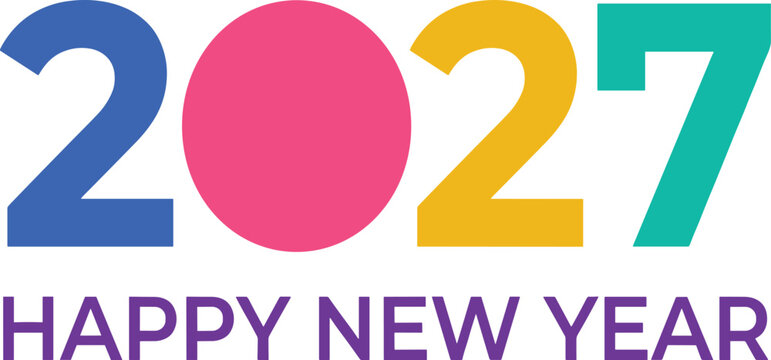 Happy New Year 2027 Typography Banner Design with Abstract Geometric Shape Numbers and Clean Block Font Elements for Modern Festive Celebration Posters