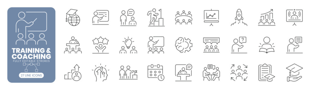 Training and coaching line icon set with education, mentoring, learning, development, workshop, leadership, team building, professional growth and employee training concepts. Editable stroke