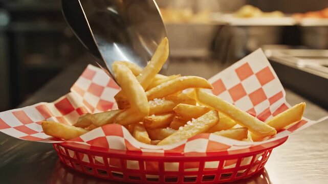 Crispy golden french fries, perfectly seasoned with salt, are being scooped into a red checkered paper-lined basket, evoking a sense of delicious fast-food enjoyment and savory satisfaction