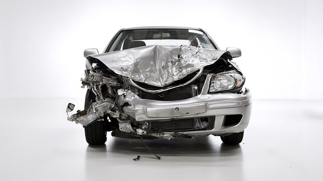 Front view of a severely damaged silver sedan after a major collision, showcasing extensive crumple zone deformation and broken components in a studio setting