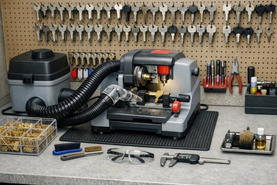 A work bench with various tools and machinery, ideal for industrial or workshop settings