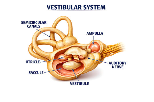 3D cochlea anatomy illustration isolated on white background with labeled auditory structures for medical education, hearing science, and clinical reference.

