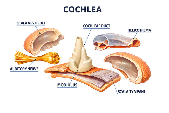 3D cochlea anatomy illustration isolated on white background with labeled auditory structures for medical education, hearing science, and clinical reference.

