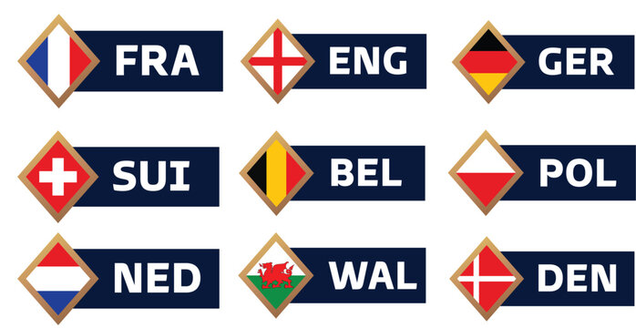 European National Team Flag Labels for Soccer Tournament Graphics
