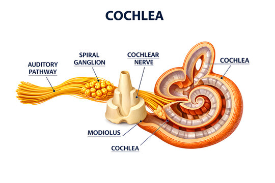 3D cochlea anatomy illustration isolated on white background with labeled auditory structures for medical education, hearing science, and clinical reference.

