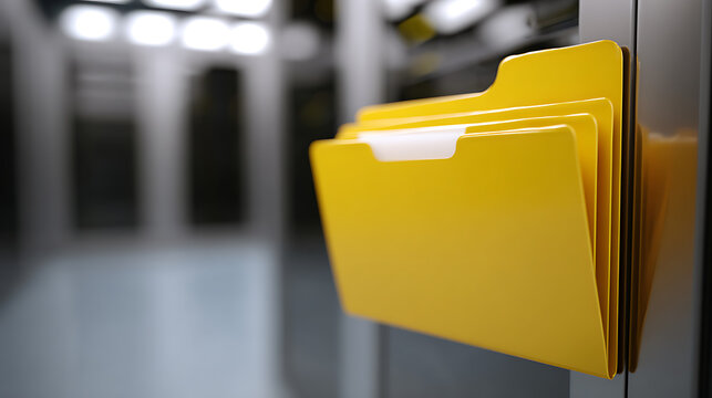 Set of bright yellow document folders neatly organized in a metallic office cabinet or modern server rack, close-up view with soft focus background