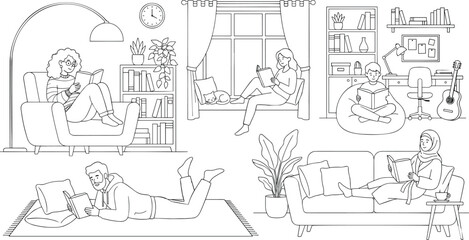 Obraz premium Diverse group of people reading books at home in various cozy rooms line art illustration.