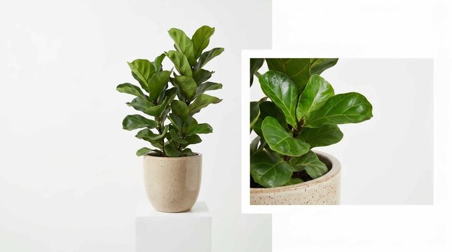 Beautiful green fiddle leaf fig plant growing in a speckled ceramic pot on white studio background