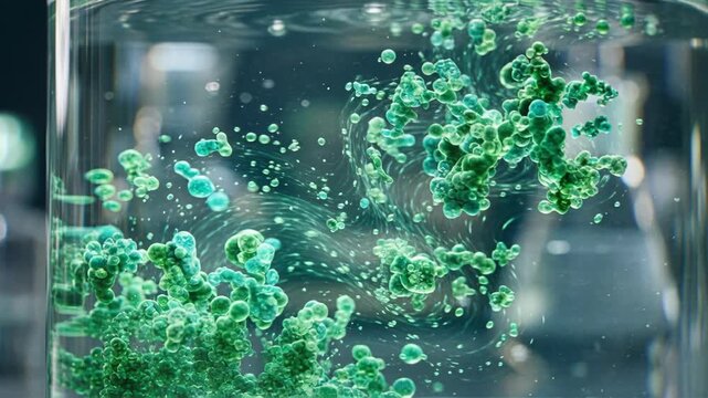 Ultra minimal green chemistry microscopic reaction clear liquid forming clustered particles with swirling motion conveying calm curiosity and organic