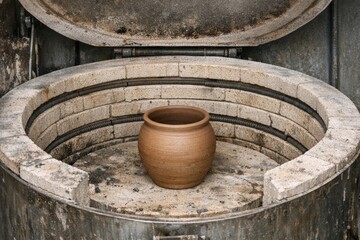 Fototapeta premium A clay pot sitting inside a wooden barrel