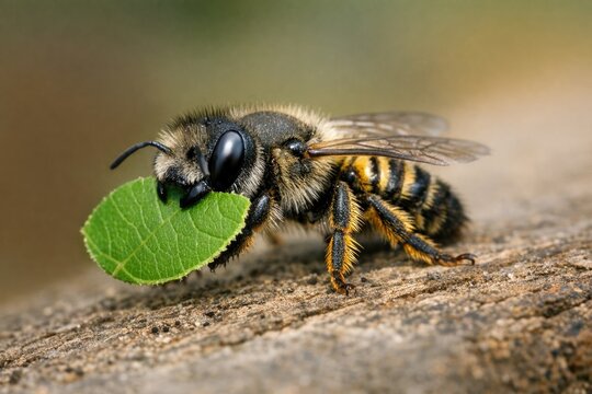 A close-up shot of a bee grasping a leaf in its mouth, showcasing its unique feeding behavior