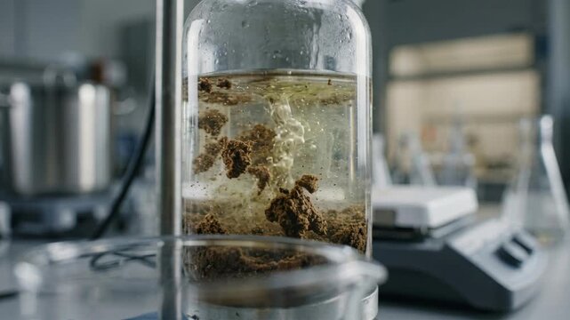 Soil remediation chemistry green experiment showing sediment suspension and pollutant breakdown laboratory jar with aqueous mixing and dynamic