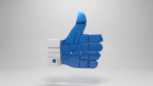 A video showcasing a 3D blue and white logo exploding into pieces in a gray background