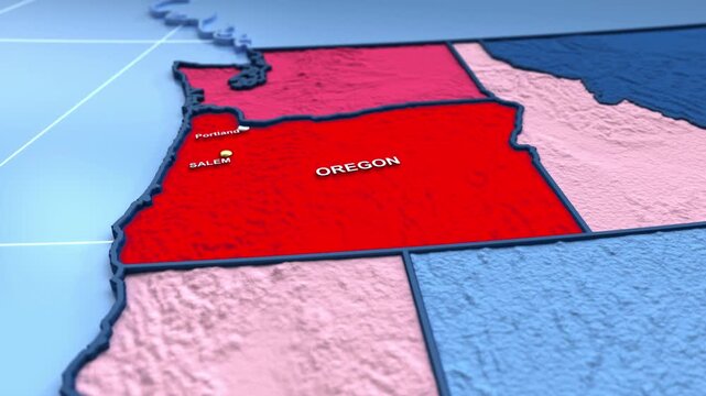 Looped 3D election map animation of the United States zooming into Oregon state, featuring red, blue, purple and green political outcome variations.