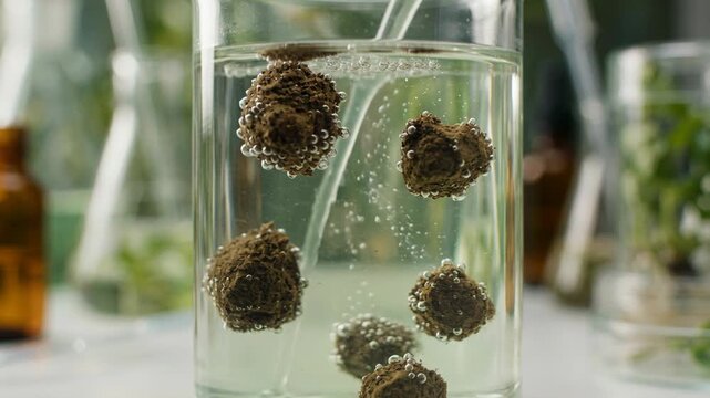 Botanical pellet glass jar effervescence clear liquid laboratory soil remediation green chemistry experiment with floating peat pellets bubbling