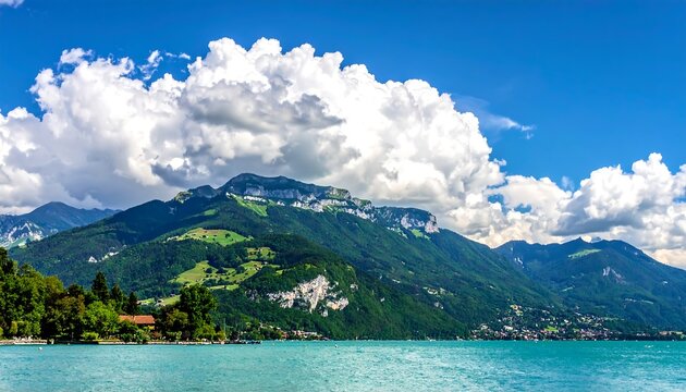 A serene lake scene with a large mountain range in the background under a blue sky with white clouds