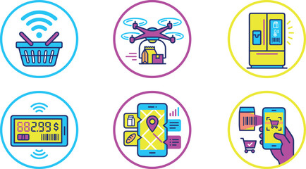 Fototapeta premium Smart Shopping and Future Retail Icon Set with Drone Delivery, Digital Price Tag, Mobile Tracking, and Automated Grocery Symbols