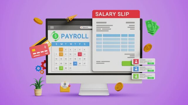 Payroll Management System. Salary Slip, Employee Compensation, HR Software, Wage Calculation, Pay Slip Processing, Fintech, Workforce Administration. Computer with Payroll Cycle Interface. 3D Video