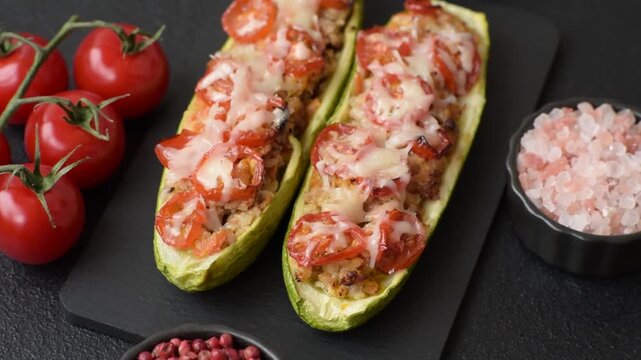 Baked zucchini half with minced meat, tomatoes, cheese, salt, and spices. Zucchini with minced meat and tomatoes as a food background for your design