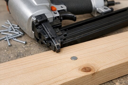 A stapler and nails on a piece of wood, ready for crafting or DIY project