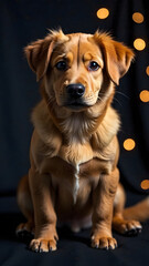 Fototapeta premium Dog sits in front of dark background with lights during evening photo session in home setting