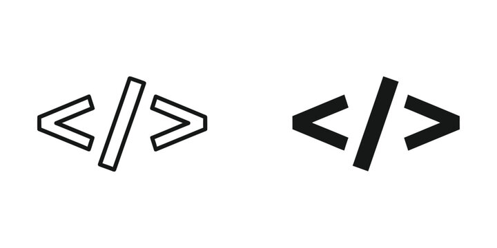 Coding symbols in outline and solid fill style against a white background representing programming and development concepts