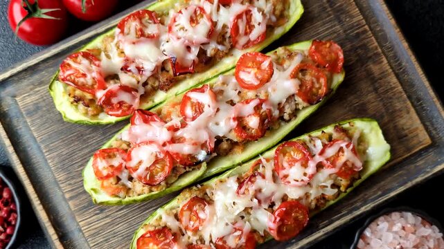 Baked zucchini half with minced meat, tomatoes, cheese, salt, and spices. Zucchini with minced meat and tomatoes as a food background for your design