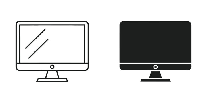 Computer monitor outline and solid fill icons on white background with clean lines and simple design