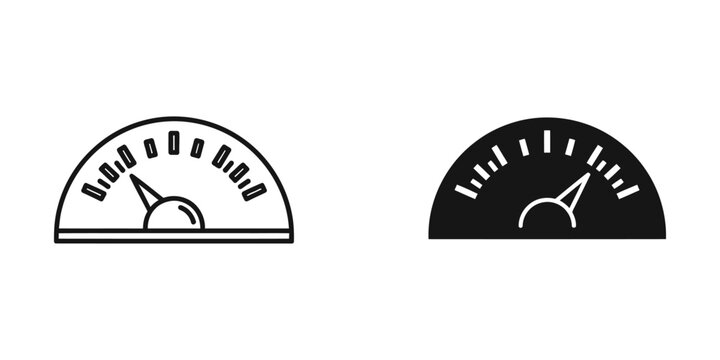 Speedometer icon with needle pointing to moderate speed in simple line and filled graphic styles on white background