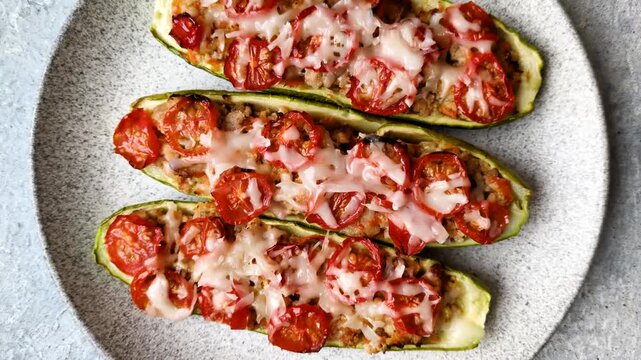 Baked zucchini half with minced meat, tomatoes, cheese, salt, and spices. Zucchini with minced meat and tomatoes as a food background for your design