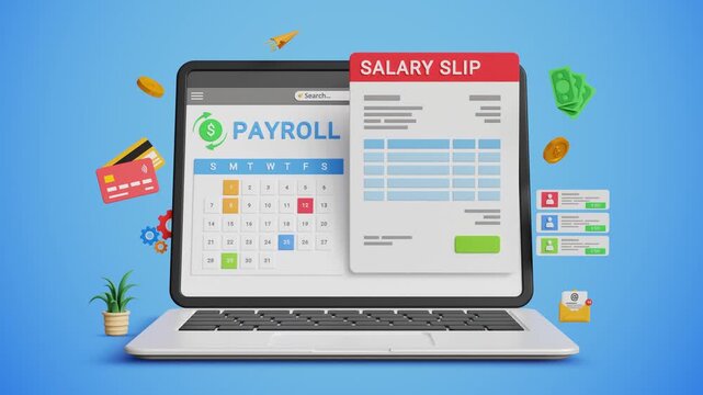AI Payroll System. Salary Data, Payroll Cycle, Budgeting Graphs, Salary Slip. Digital Finance Management Concept. Payroll, Calendar and Salary Slip on Laptop. 3D Video Animation