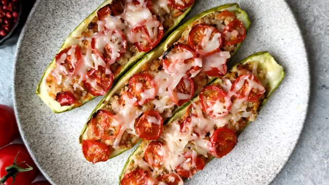 Baked zucchini half with minced meat, tomatoes, cheese, salt, and spices. Zucchini with minced meat and tomatoes as a food background for your design