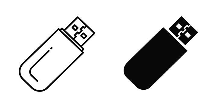 USB flash drive icon in outline and solid black styles for digital data storage concepts