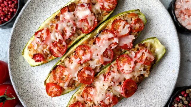 Baked zucchini half with minced meat, tomatoes, cheese, salt, and spices. Zucchini with minced meat and tomatoes as a food background for your design