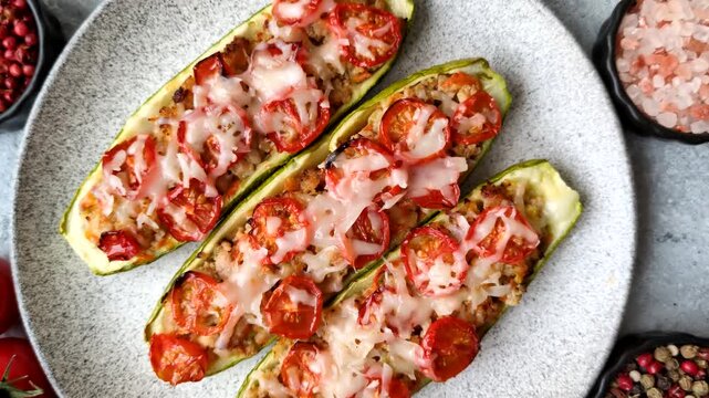 Baked zucchini half with minced meat, tomatoes, cheese, salt, and spices. Zucchini with minced meat and tomatoes as a food background for your design