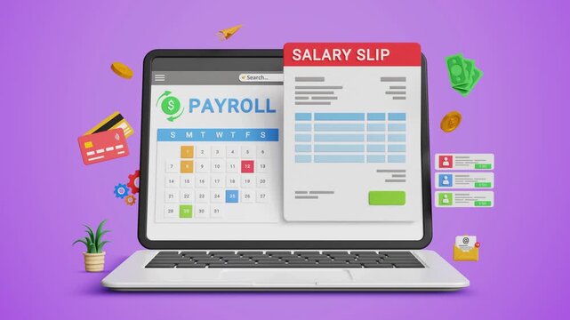 Payroll Management System. Salary Slip, Employee Compensation, HR Software, Wage Calculation, Pay Slip Processing, Fintech, Workforce Administration. Laptop with Payroll Cycle Interface. 3D Video