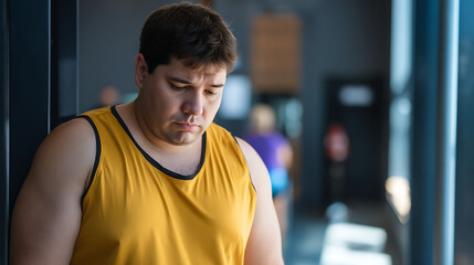 Obraz premium Unmotivated Overweight Man with Sad Expression in Gym Setting, Struggle with Fitness Goal, Lifestyle Change, Weight Loss Journey