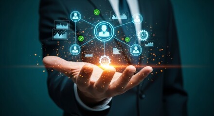 Obraz premium AI human resources recruitment network business man managing digital talent team workforce analytics