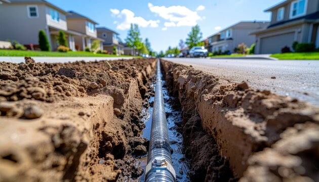 Utility pipe installation in a suburban residential street trench