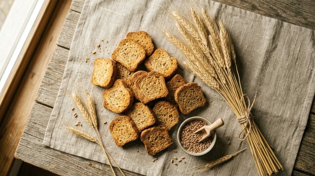 Crispy rusks and wheat ears arranged on a rustic wooden table with a linen cloth