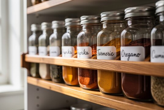 Various spices and herbs neatly organized on kitchen shelves