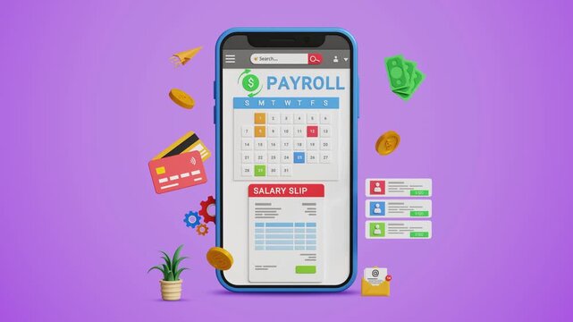 Payroll Management System. Salary Slip, Employee Compensation, HR Software, Wage Calculation, Pay Slip Processing, Fintech, Workforce Administration. Smartphone with Payroll Cycle Interface. 3D Video