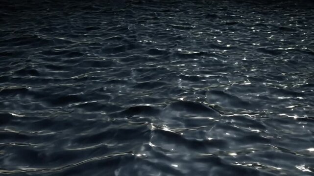 Dark Water Ripples with Sparkling Light Reflections Moving Slowly on Deep Sea Surface