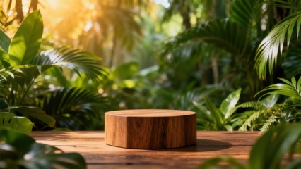 Obraz premium Wooden pedestal in lush green jungle