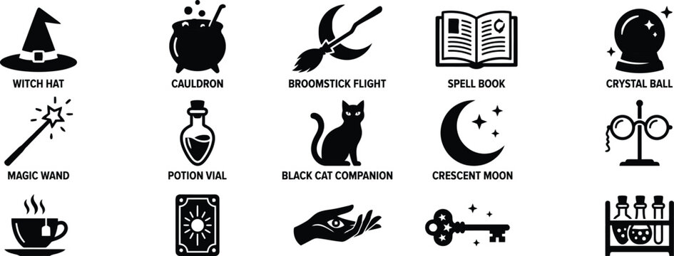 Witchcraft and Magic Occult Halloween Silhouette Vector Icon Set