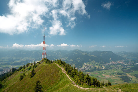 Telecommunication tower "Sender Gr&uuml;nten" on the Gr&uuml;nten mountain ridge near &Uuml;belhorn in the Allg&auml;uer Alpen ideal for broadcasting technology marketing